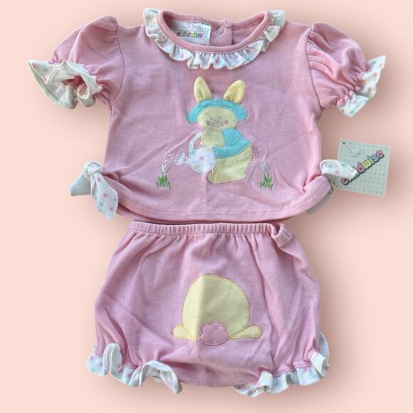 Vtg 80s Baby Girl 12M Pink Ruffled Top Bloomers Set Bloomer Bubble Easter Outfit - Picture 1 of 6